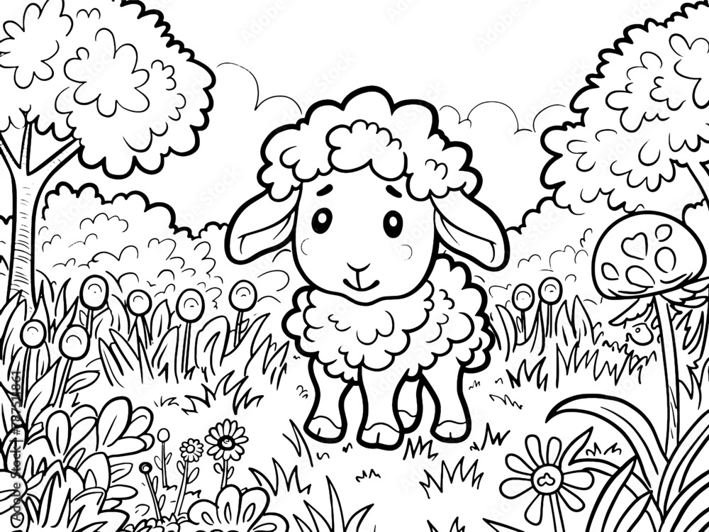 Cartoon farm animal sheep in the garden. Children coloring book. Generative ai. Cartoon farm animal sheep in the garden. Children coloring book. Generative ai.