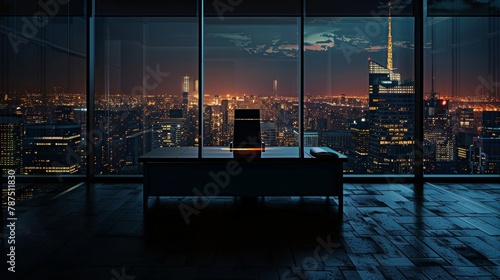 A dark room with a business desk illuminated by the glow of an evening cityscape  AI generated illustration