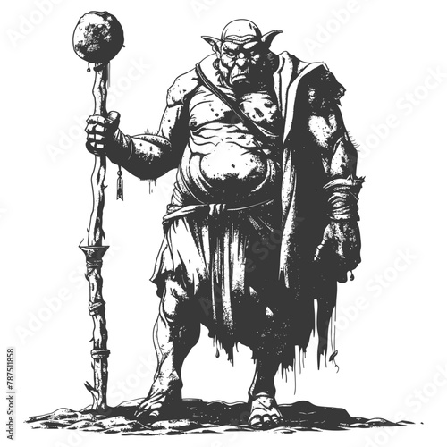 ogre mage or necromancer with magical staff images using Old engraving style