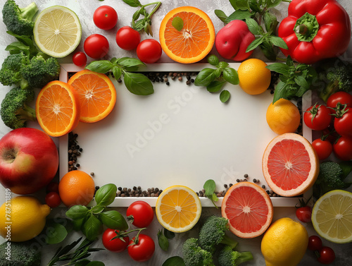 Top view of fruits and vegetables arranged neatly on a table