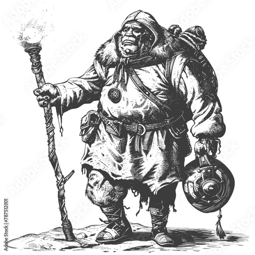 ogre mage or necromancer with magical staff images using Old engraving style