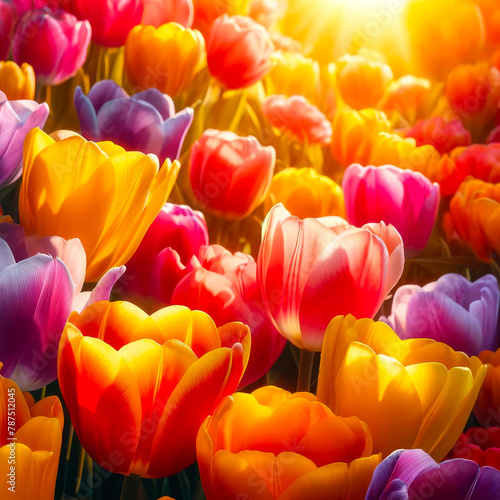 Nombreuses tulipes colorées dans un environnement lumineux avec rayon de soleil et couleurs chaudes. Fond pour carte printemps, saint valentin, fête des mères. 