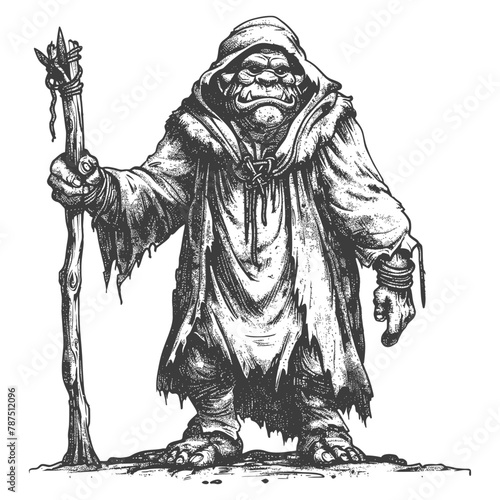 ogre mage or necromancer with magical staff images using Old engraving style