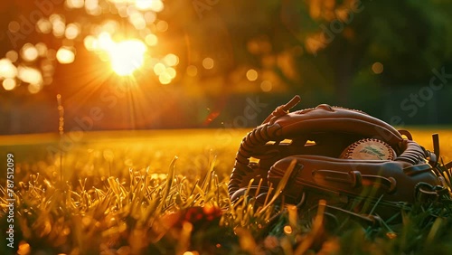 Pushing towards a baseball mitt with a baseball in it sitting on grass as the sun sets between tree branches in the distance photo