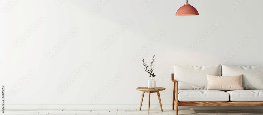 A vintage pink hanging lamp hangs over a wooden side table in a contemporary living room with a blank white wall and space for a sofa.