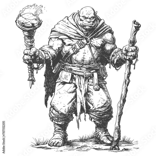 ogre mage or necromancer with magical staff images using Old engraving style