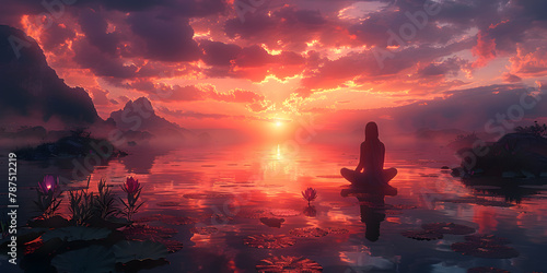 Mystic Sunset Glow: Serene Monk in Deep Meditation