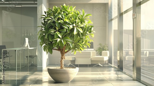 A digitally manipulated image of a money tree growing in an office space  AI generated illustration