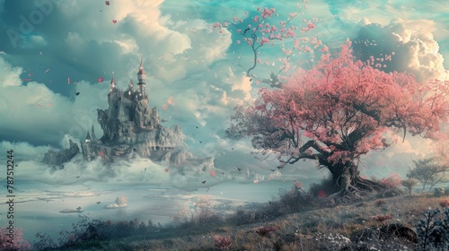 A dreamy fantastical landscape with surreal dreamlike elements AI generated illustration