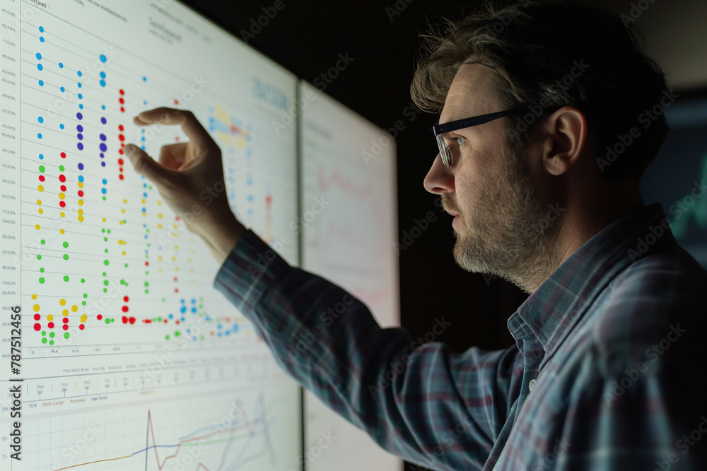 Beside a screen filled with interactive graphs, the man illustrates cost-benefit analyses, his audience nodding in agreement at the clear strategic vision. Beside a screen filled with interactive graphs, the man illustrates cost-benefit analyses, his audience nodding in agreement at the clear strategic vision.