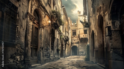 A foreboding city street lined with ancient buildings AI generated illustration