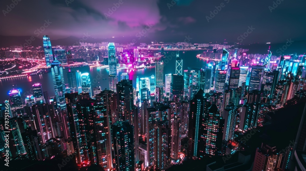 Fototapeta premium A futuristic cityscape with neon signs advertising financial services AI generated illustration