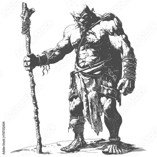 ogre mage or necromancer with magical staff images using Old engraving style