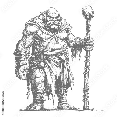 ogre mage or necromancer with magical staff images using Old engraving style