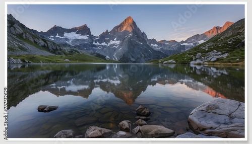 Pristine Alpine Lake at Dawn, Reflecting the First Light of Day - A Serene Landscape of Untouched Natural Beauty