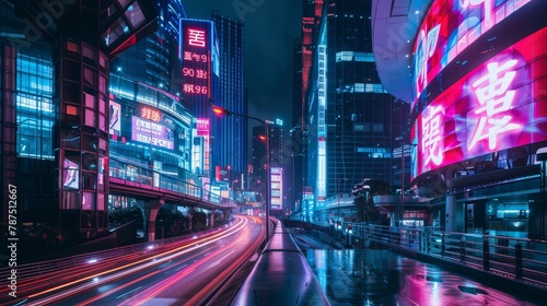 A futuristic cityscape with neon signs advertising financial services AI generated illustration