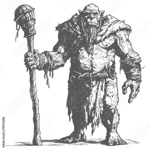 ogre mage or necromancer with magical staff images using Old engraving style