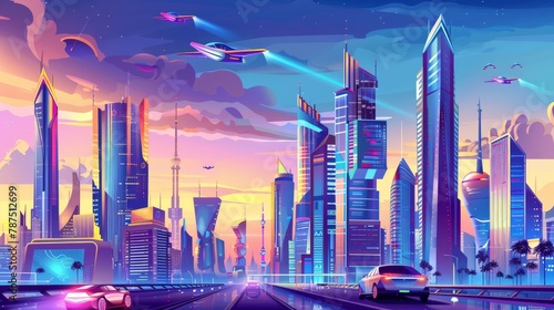 A futuristic cityscape with sleek skyscrapers and flying cars  AI generated illustration photo