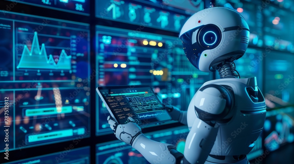 A futuristic robot accountant crunching numbers in a virtual space  AI generated illustration