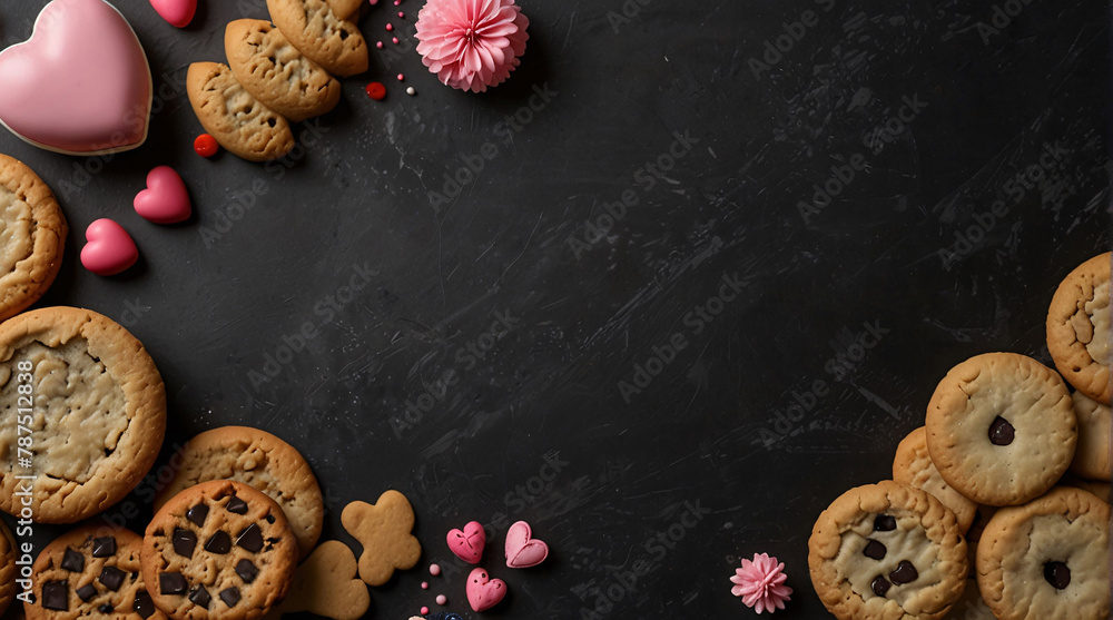 Baking themed frame with assorted cookies and sweet treats. Above view of dark stone banner background with copy space. Baking themed frame with assorted cookies and sweet treats. Above view of dark stone banner background with copy space.