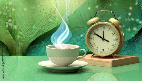 A sleek modern clock and alarm clock set against a backdrop of a steaming cup of freshly brewed coffee, the morning light casting gentle shadows