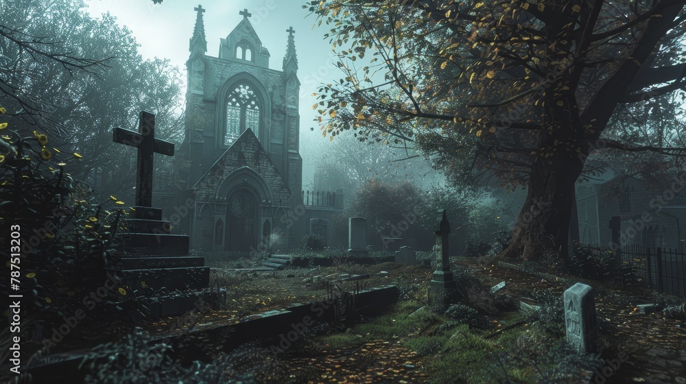 Fototapeta premium A haunted churchyard with ghostly apparitions AI generated illustration
