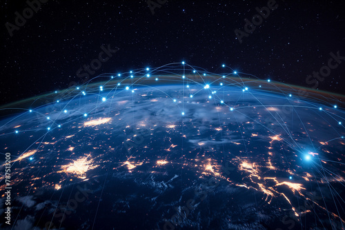 The planet Earth surrounded by digital pathways linking continents, showcasing the interconnectedness and efficiency of modern logistics and transportation.