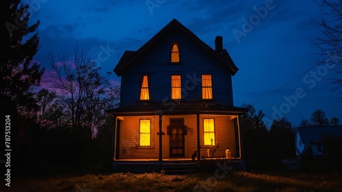 A haunted house with windows glowing in the night AI generated illustration