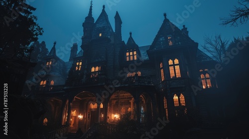 A haunted mansion with eerie lights in the windows AI generated illustration