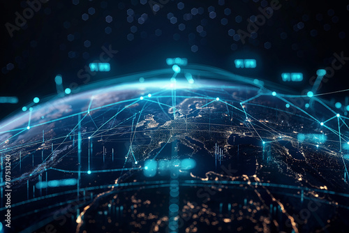 The planet Earth surrounded by digital pathways linking continents  showcasing the interconnectedness and efficiency of modern logistics and transportation.