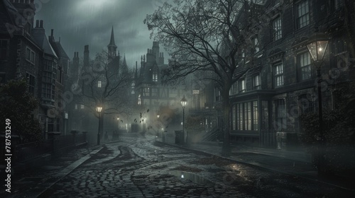 A haunted town square with cobbled streets  AI generated illustration photo