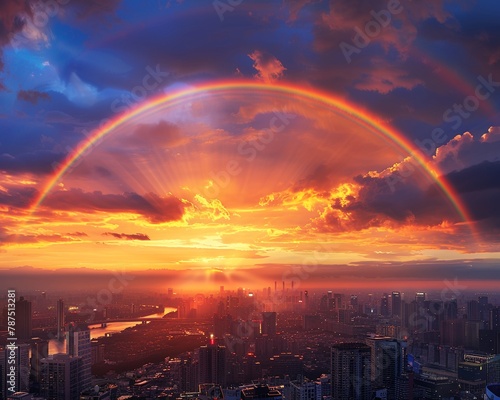 Rainbow formation after a storm captured over a cityscape