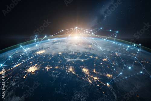 Earth viewed from orbit, adorned with pulsating lines connecting continents, illustrating the data-driven optimization of global shipping and logistics networks.