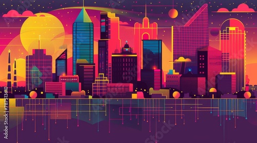 A memphis-style cityscape with finance-themed elements AI generated illustration