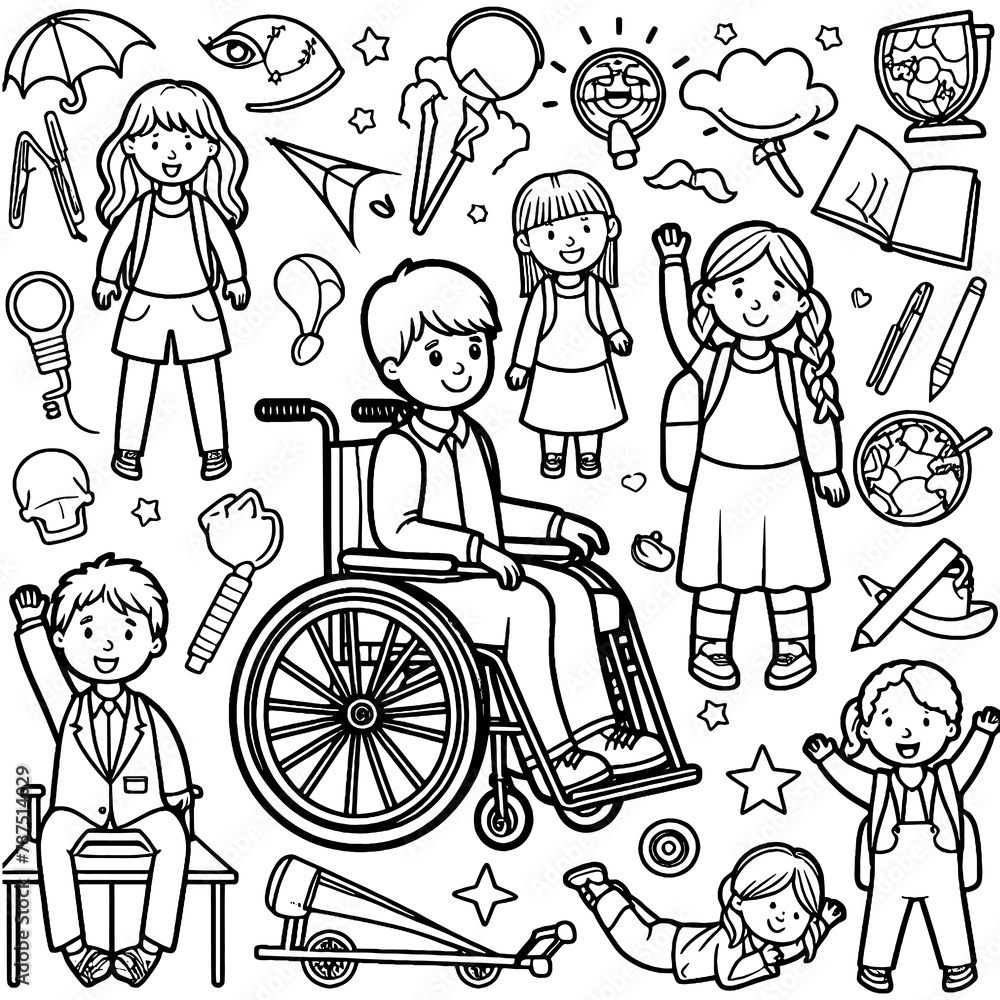 Set of children, isolated children, schoolgirls on a wheelchair. Coloring book. Generative ai. Set of children, isolated children, schoolgirls on a wheelchair. Coloring book. Generative ai.