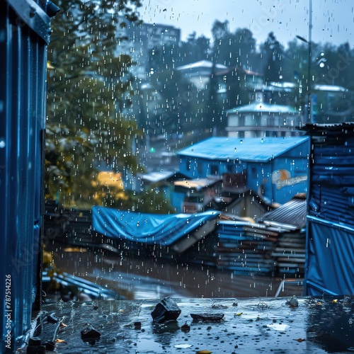 Raindrops pattered on rooftops during the rainy season  each droplet part of a refreshing  lifegiving closeup