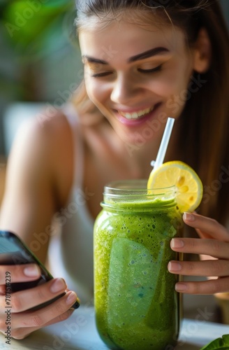 Woman Holding Cell Phone Next to Green Smoothie