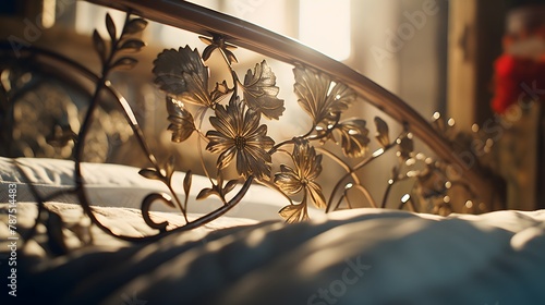 Intricate floral details on an iron bed, bathed in natural light, presented in ultra-HD precision.