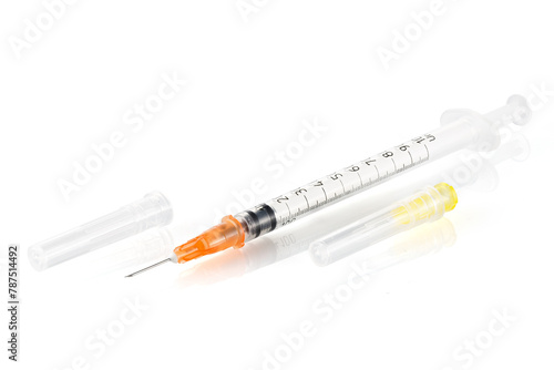 Plastic insulin syringe isolated on white background. Close-up