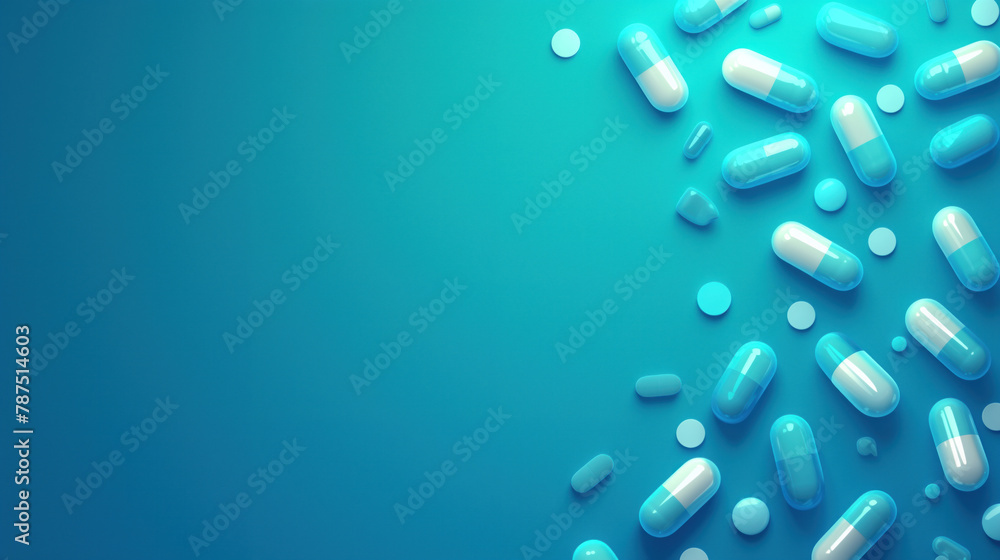 Medicinal capsules on a blue background. Space for text Medicinal capsules on a blue background. Space for text