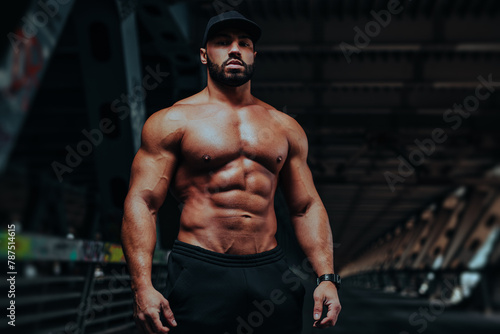 Young strong man bodybuilder posing on urban background