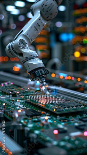  production line with robotic arms working on electronic components