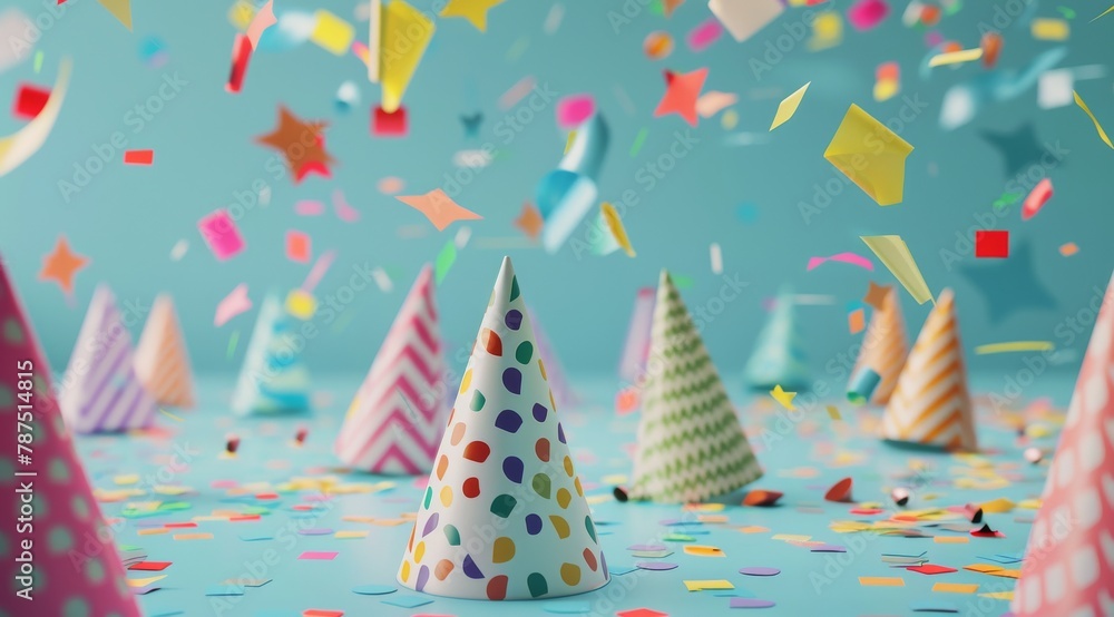 Group of Party Hats With Confetti and Streamers Group of Party Hats With Confetti and Streamers