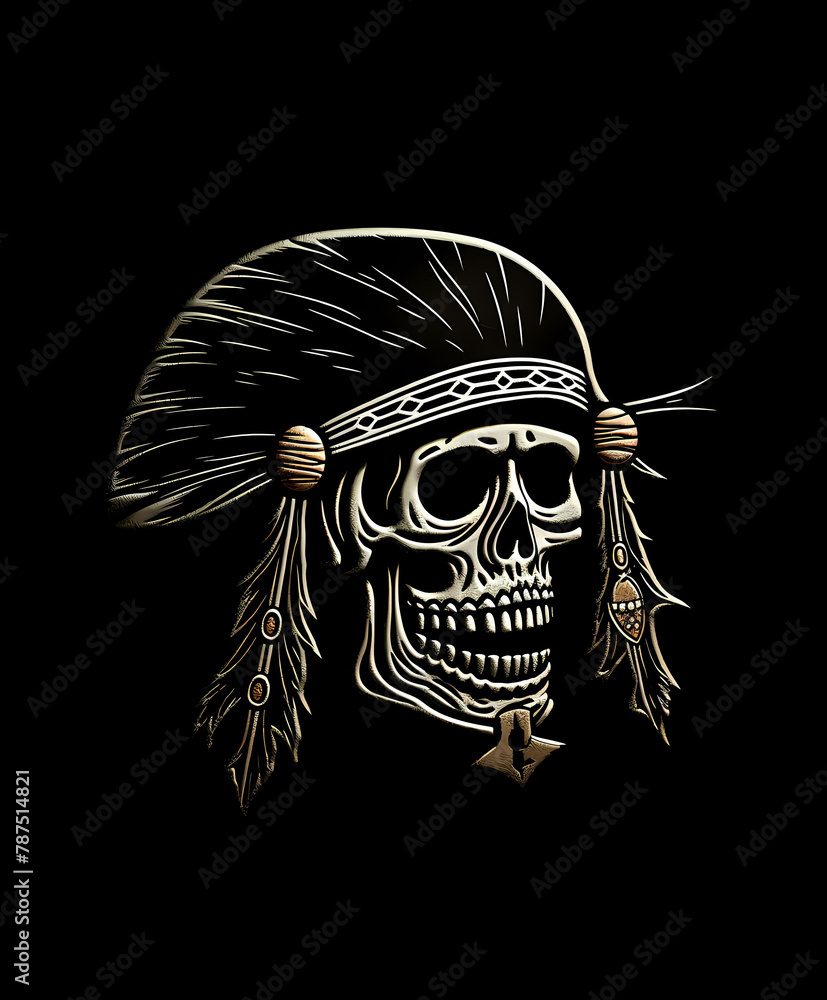 Detailed Black and White Pirate Skull Logo with Ornate Feathers Detailed Black and White Pirate Skull Logo with Ornate Feathers