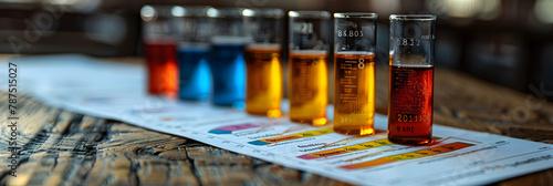  Statistical documents with test tubes,
Medical glass vials placed on a laboratory table
 photo