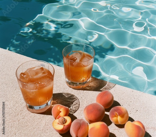 Glasses and Peaches Next to Pool