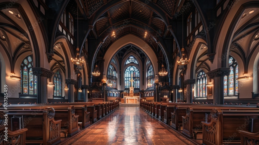 A tranquil and contemplative sanctuary with rows of polished pews leading up to a stately altar framed by intricate gothic arches. The flickering candlelight adds a sense of solemnity .