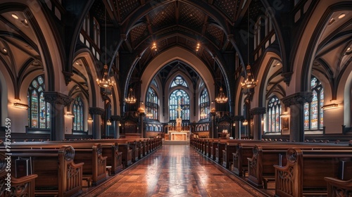 A tranquil and contemplative sanctuary with rows of polished pews leading up to a stately altar framed by intricate gothic arches. The flickering candlelight adds a sense of solemnity .