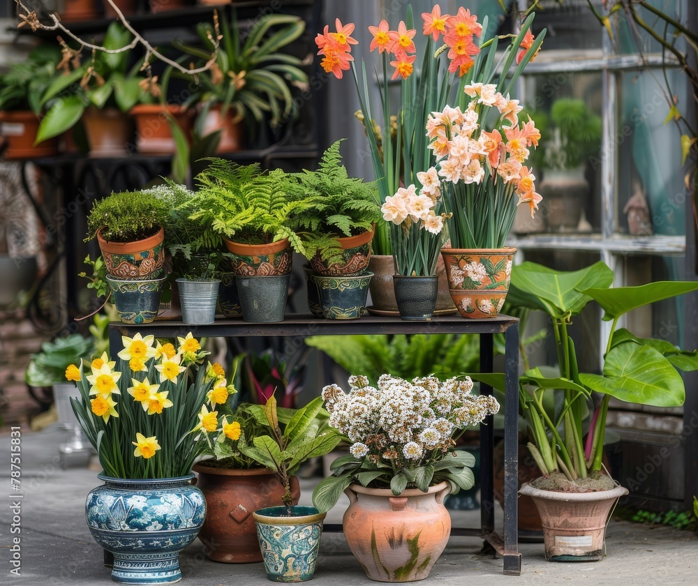 Shelf Filled With Potted Plants on Sidewalk