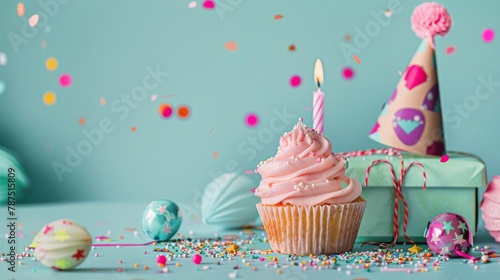 Cupcake With Pink Frosting Surrounded by Confetti